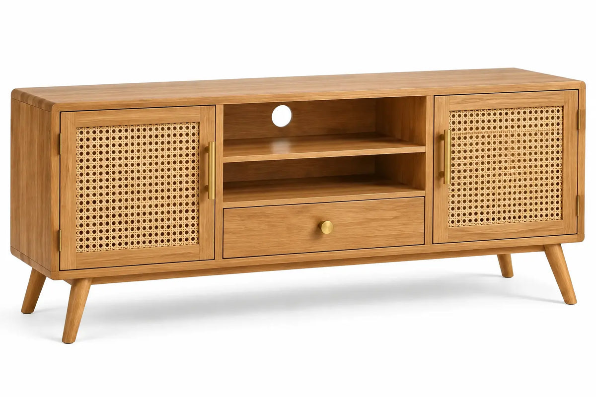 Meuble de télévision à portes ajourées, niches et tiroir central, beige
