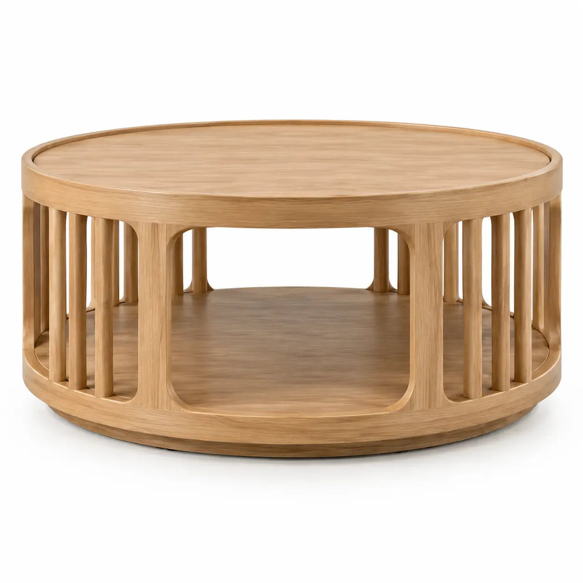 Table basse ronde à double plateau et base à barreaux, beige
