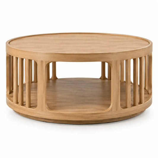 Table basse ronde à double plateau et base à barreaux, beige