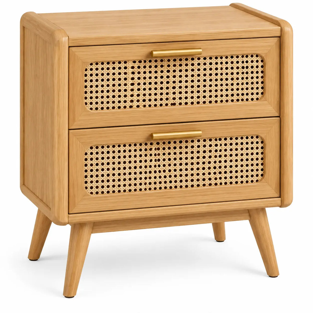 Table de chevet à deux tiroirs ajourés et plateau bordé, beige