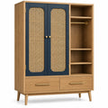 Armoire à portes ajourées, rangement ouvert latéral et deux tiroirs, beige et bleu