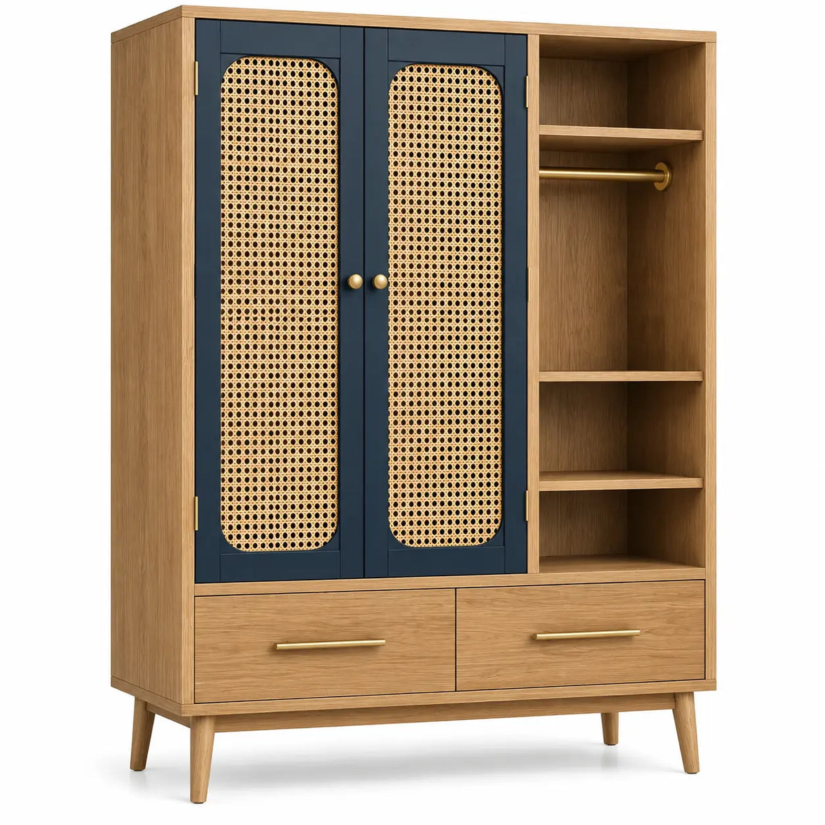 Armoire à portes ajourées, rangement ouvert latéral et deux tiroirs, beige et bleu