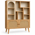 Bibliothèque à niches asymétriques et deux portes ajourées, beige et blanc