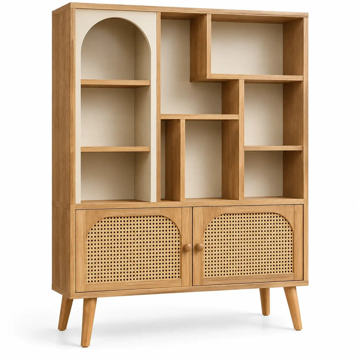 Bibliothèque à niches asymétriques et deux portes ajourées, beige et blanc
