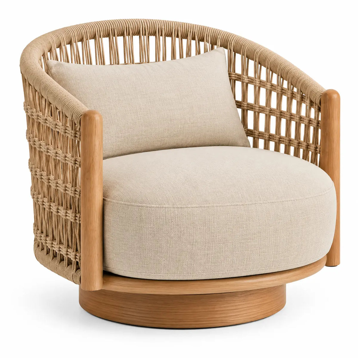 Fauteuil rond à dossier ajouré et base circulaire, beige