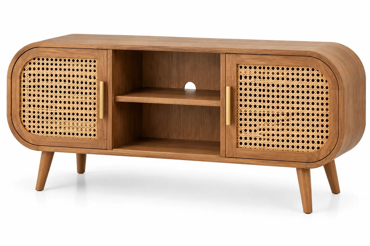 Meuble de télévision ovale à portes ajourées et niches, beige