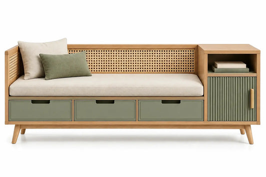 Banc d'entrée à coussin, tiroirs et meuble latéral, vert et beige