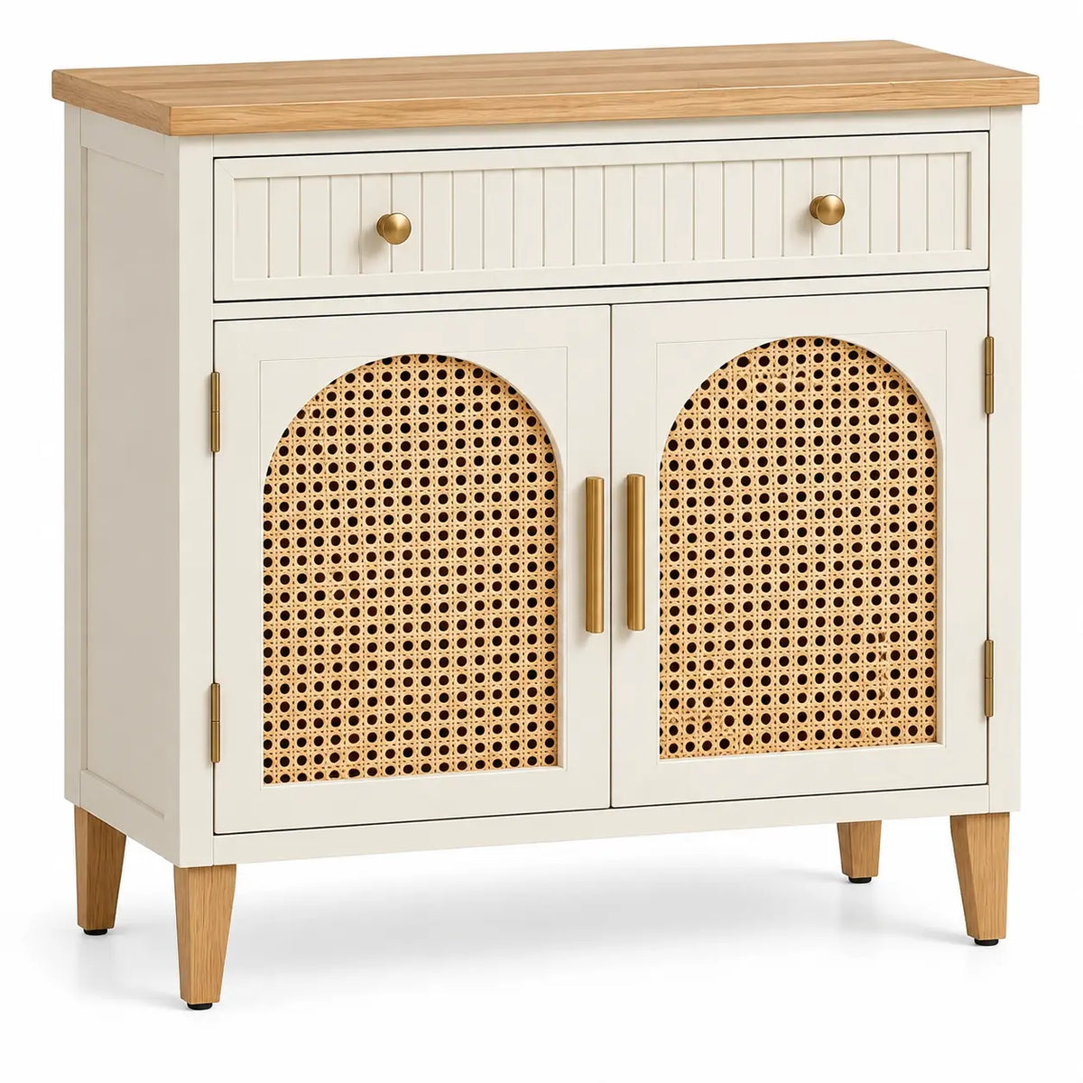 Buffet compact à grand tiroir et deux portes ajourées, blanc et beige