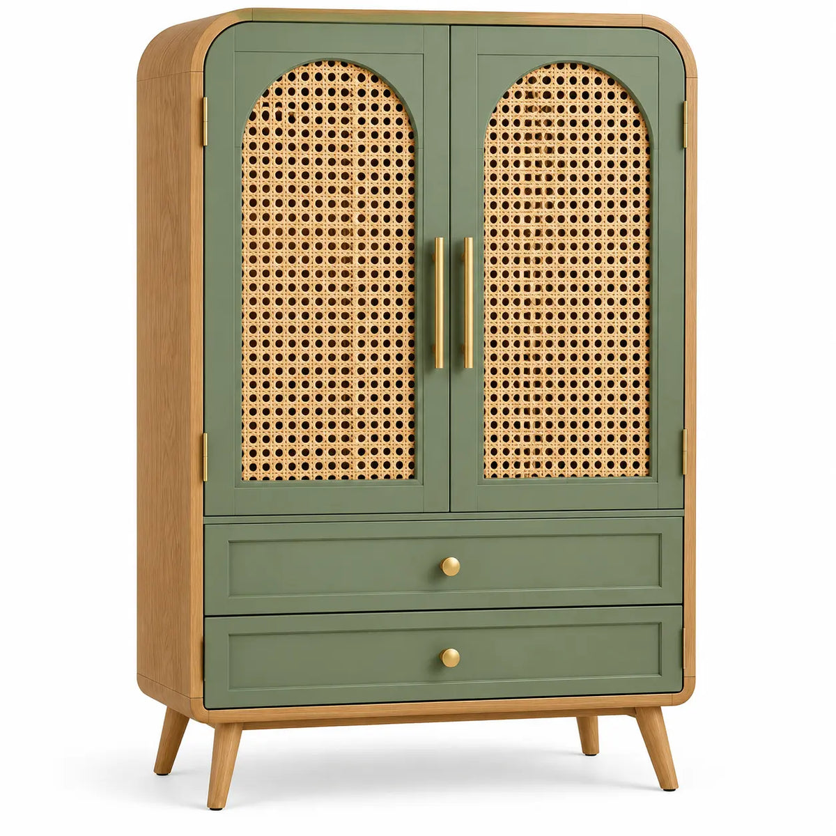 Armoire arrondie à deux portes ajourées et deux tiroirs, vert et beige