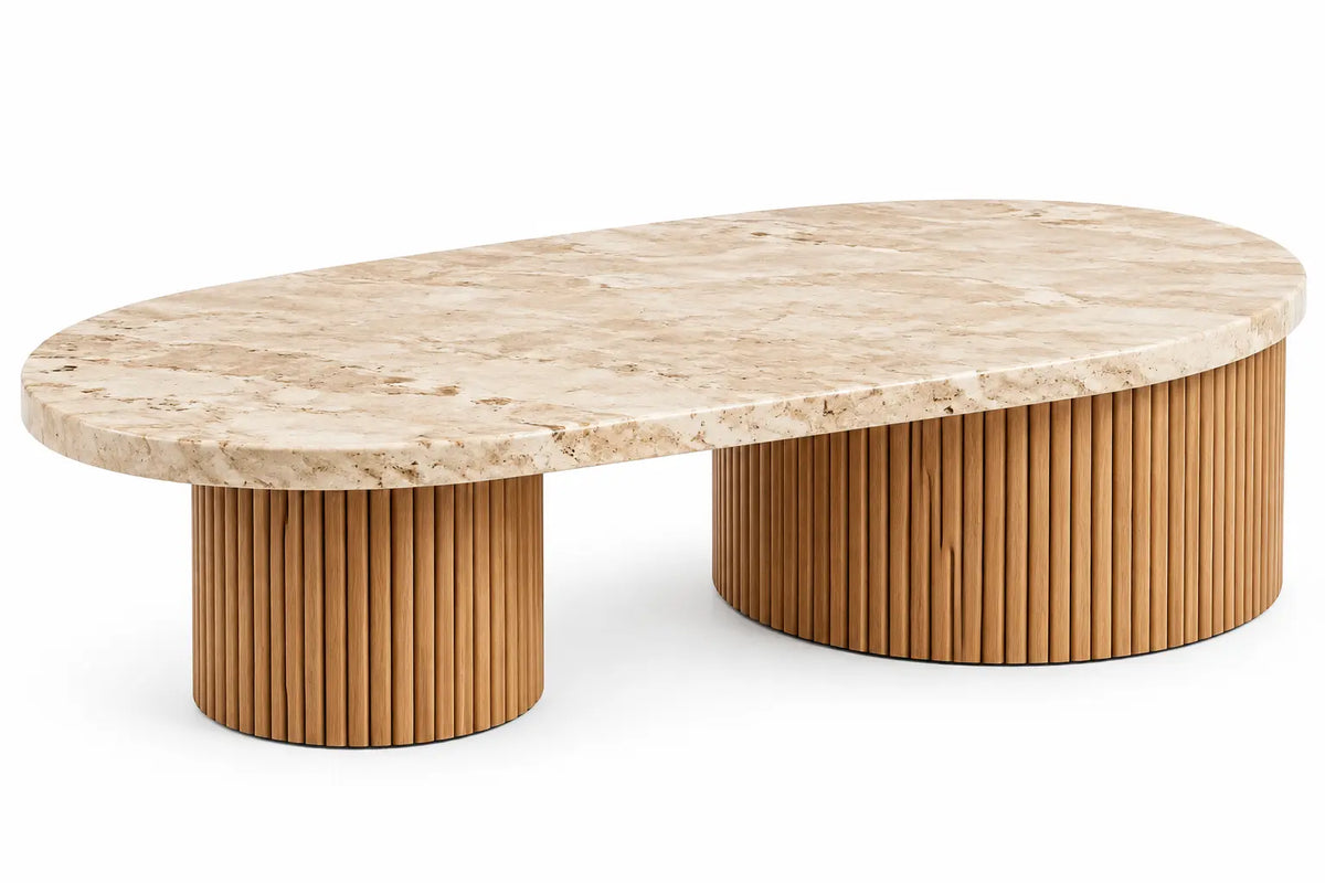 Table basse ovale à plateau veiné et deux pieds cannelés, beige