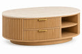 Table basse ovale à deux tiroirs cannelés et niches, beige