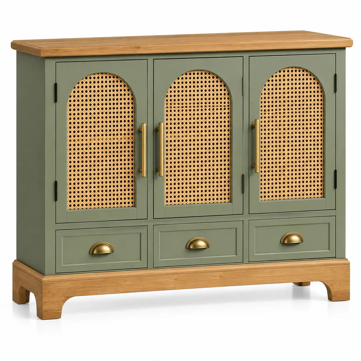 Buffet haut à trois portes ajourées et trois tiroirs, vert et beige