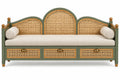 Banquette à dossier triple cintré et trois tiroirs ajourés, vert et beige