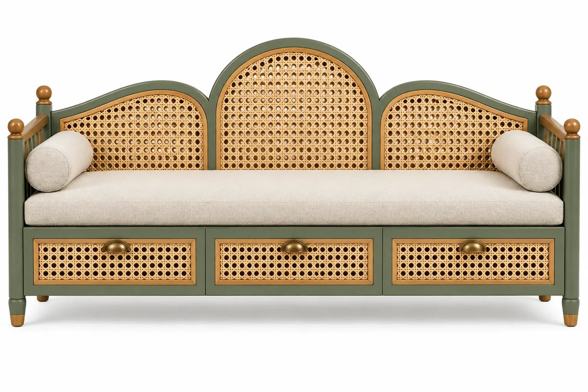 Banquette à dossier triple cintré et trois tiroirs ajourés, vert et beige
