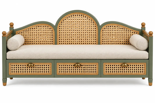 Banquette à dossier triple cintré et trois tiroirs ajourés, vert et beige