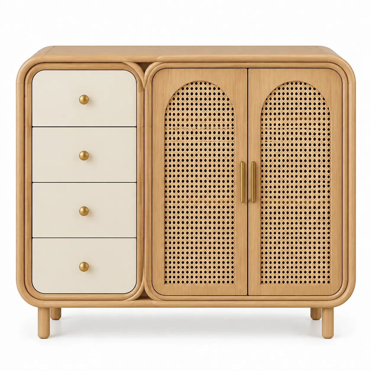 Buffet arrondi à deux portes ajourées et quatre tiroirs clairs, beige