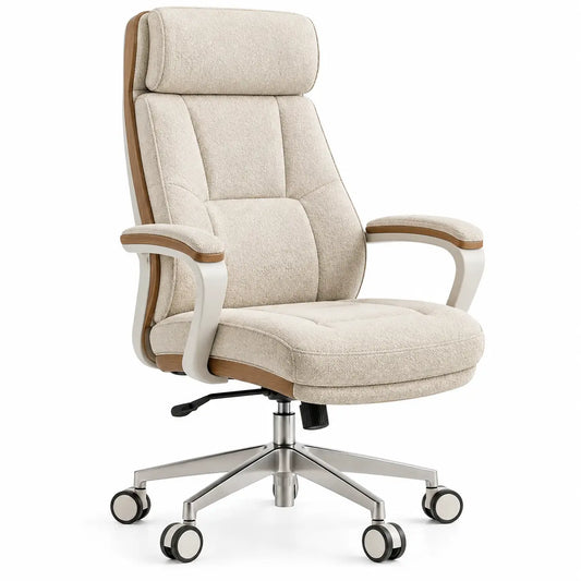 Fauteuil de bureau à dossier haut et accoudoirs sur roulettes, beige