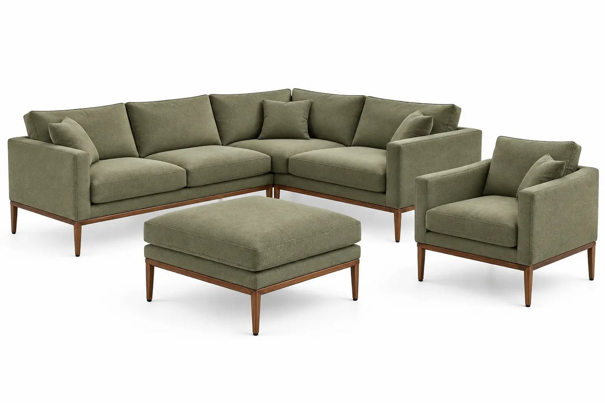 Ensemble de salon avec canapé d'angle, fauteuil et pouf, vert et beige