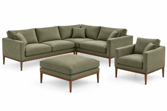 Ensemble de salon avec canapé d'angle, fauteuil et pouf, vert et beige