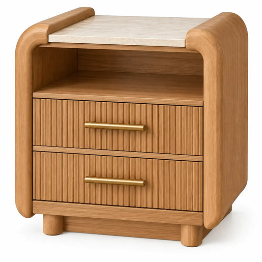 Table de chevet arrondie à niche et deux tiroirs cannelés, beige