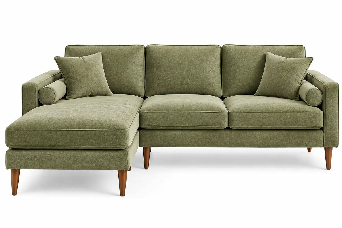 Canapé d'angle à méridienne gauche et coussins cylindriques, vert