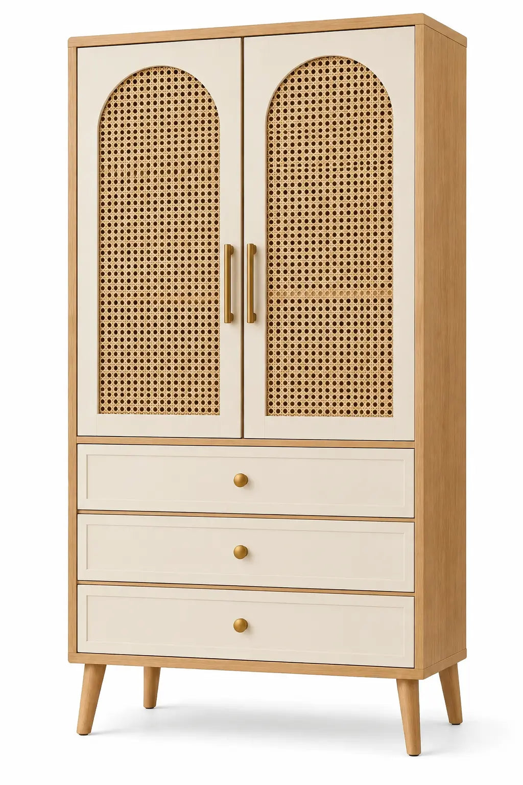 Armoire à deux portes ajourées et trois tiroirs clairs, beige et blanc