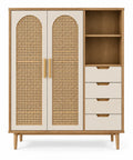 Armoire à deux portes ajourées, niches et quatre tiroirs, blanc et beige