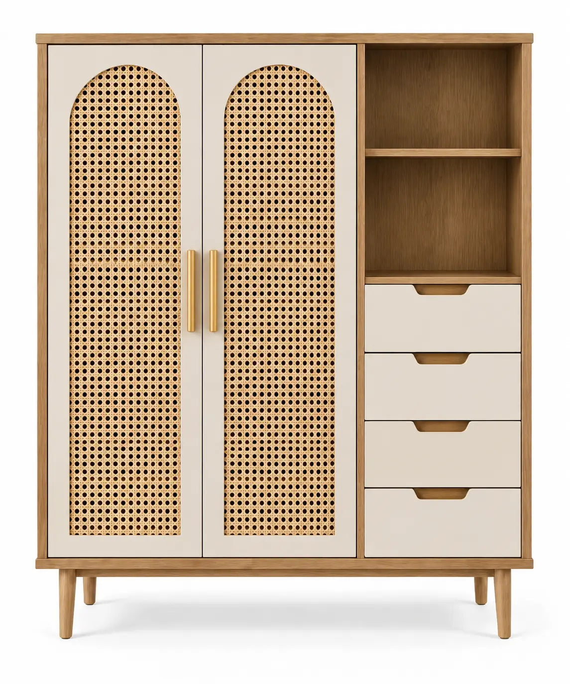 Armoire à deux portes ajourées, niches et quatre tiroirs, blanc et beige